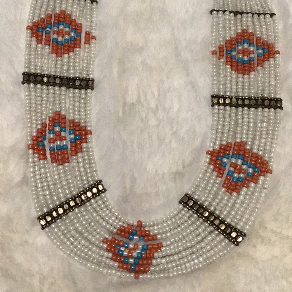 South Western Style Native American Beaded Turquoise and Brass Beaded Necklace - Picture 5 of 8
